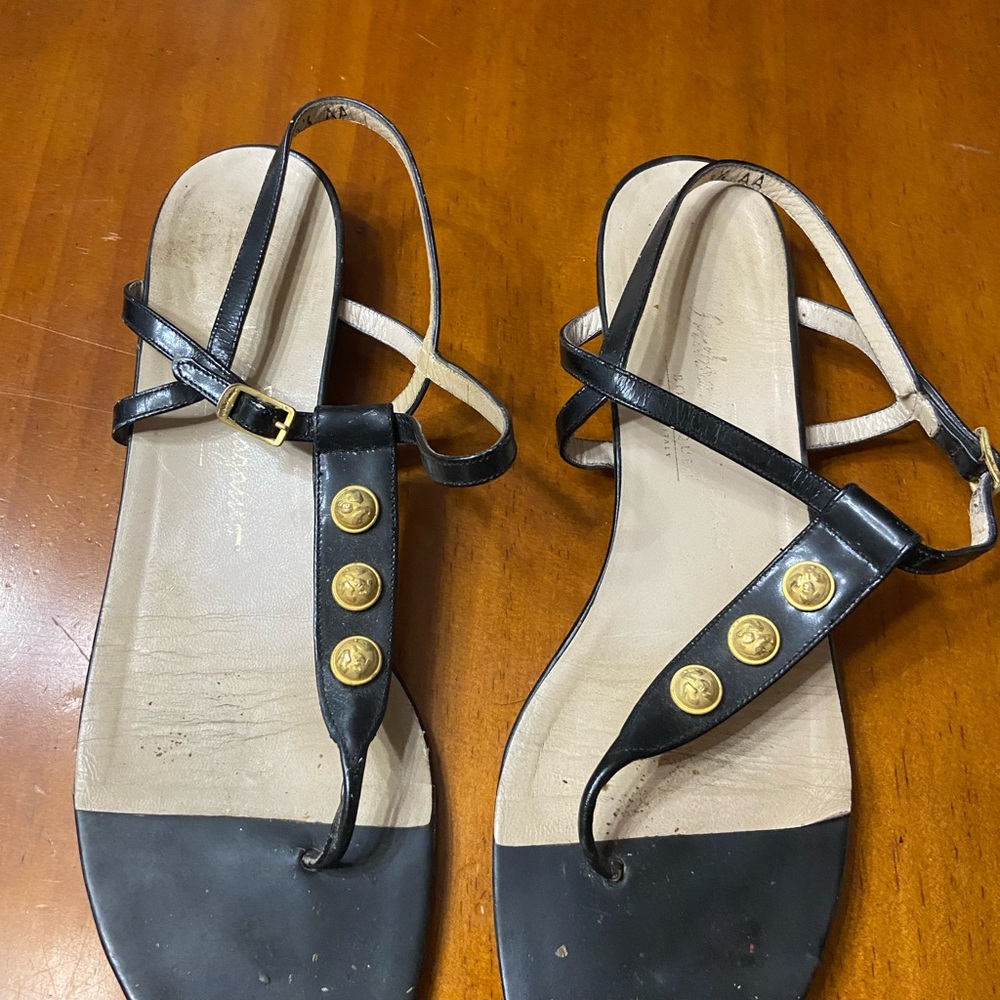 Vintage Ferragamo Women's Black Leather T-Strap Sandals with Gold Accents